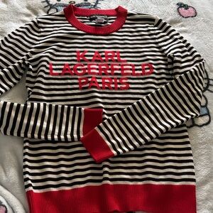 Karl Lagerfeld Black and White Striped Sweater with Red Details